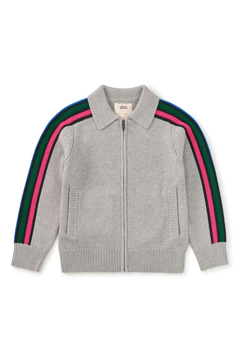 Stripe Sleeve Zip Sweater, Main, color, Med Heather Grey