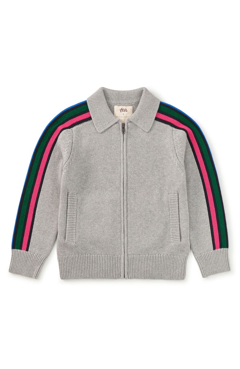 Tea Collection Stripe Sleeve Zip Sweater, Main, color, Med Heather Grey