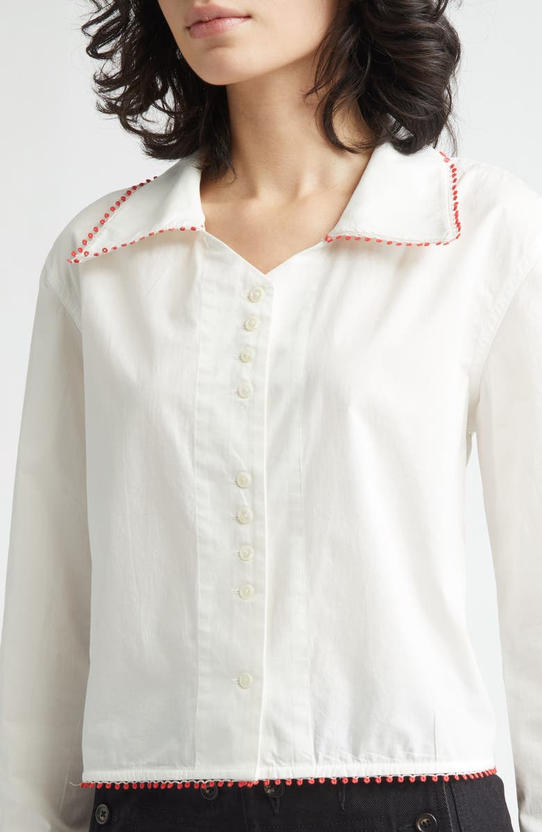 Bode Redbud Cotton Poplin Button-Up Shirt, Alternate, color, White