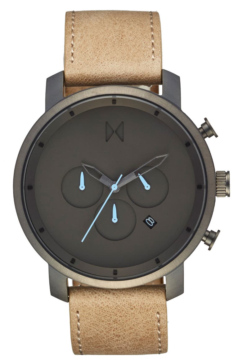 Chronograph Leather Strap Watch, 45mm, Main, color, GUNMETAL