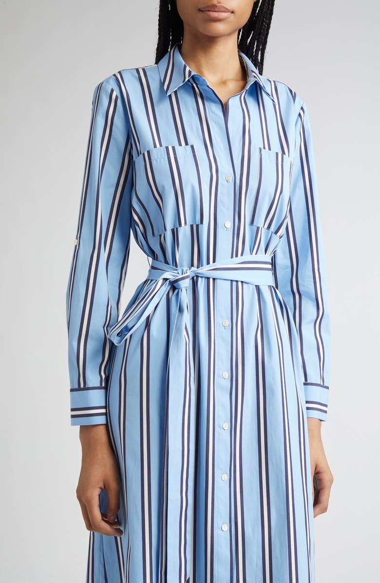 L'AGENCE Jubilee Stripe Belted Long Sleeve Cotton Shirtdress, Alternate, color, Sky Blue/ Midnight Stripe