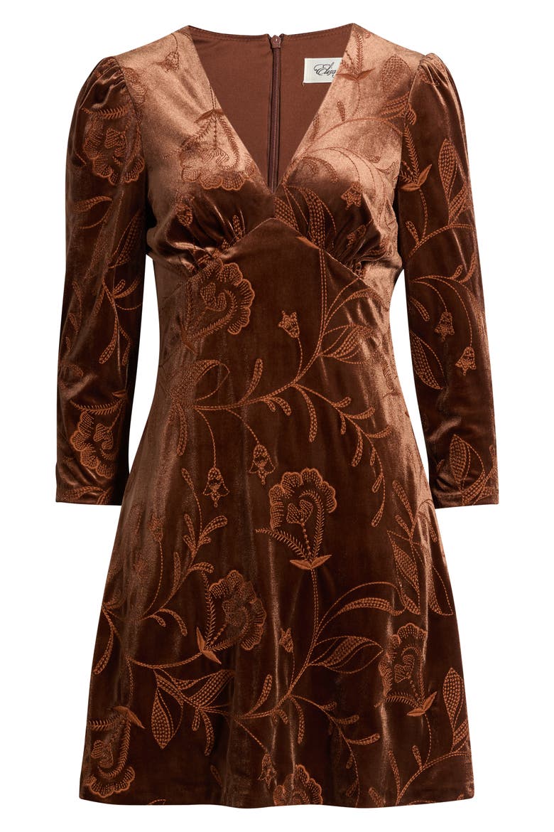 Long Sleeve Embroidered Velvet Dress, Alternate, color, CHOCOLATE