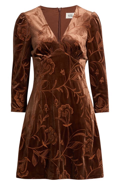 Long Sleeve Embroidered Velvet Dress