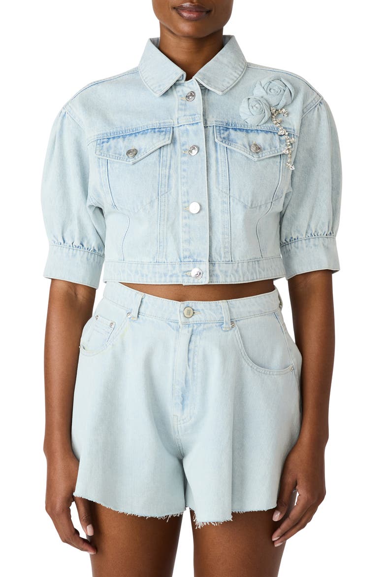 Serafina Short Sleeve Crop Denim Jacket, Main, color, SULPHUR SPRING