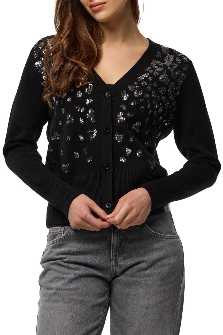 Deco Drizzle V-Neck Cardigan, Main, color, BLACK