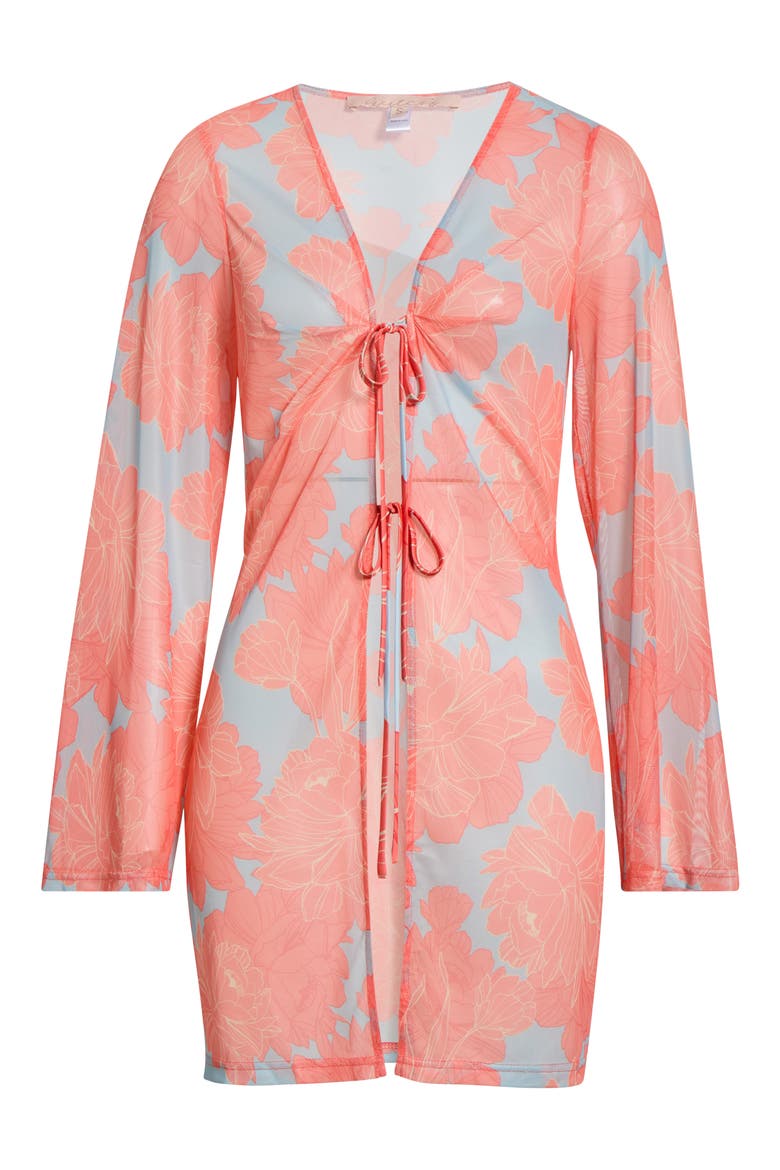Tie Front Long Sleeve Cover-Up, Alternate, color, SKY BLUE PEONIES