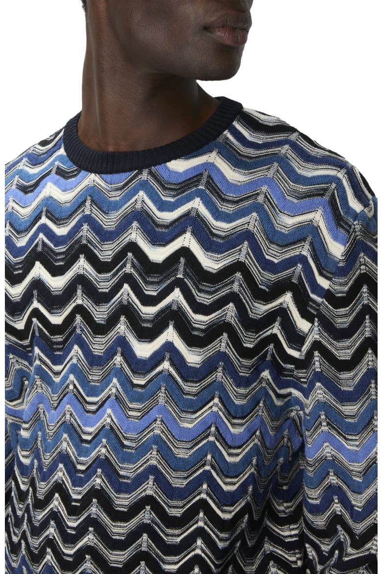 Crew Neck Sweater With Geometric Zigzag Pattern, Alternate, color, Blue