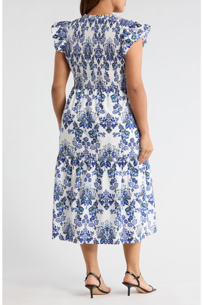Viara Floral Giza Smocked Cotton Midi Dress, Alternate, color, BLUES-WHITE