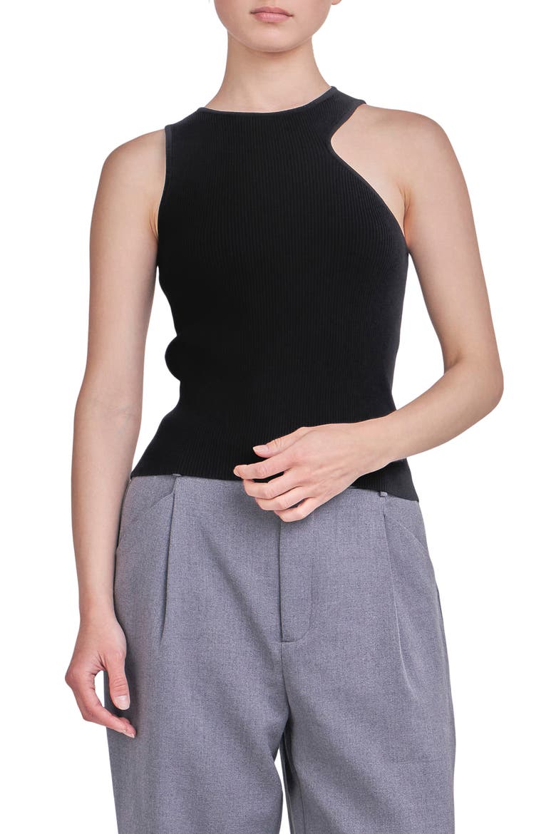 Asymmetric Cutout Rib Knit Tank Top, Main, color, BLACK