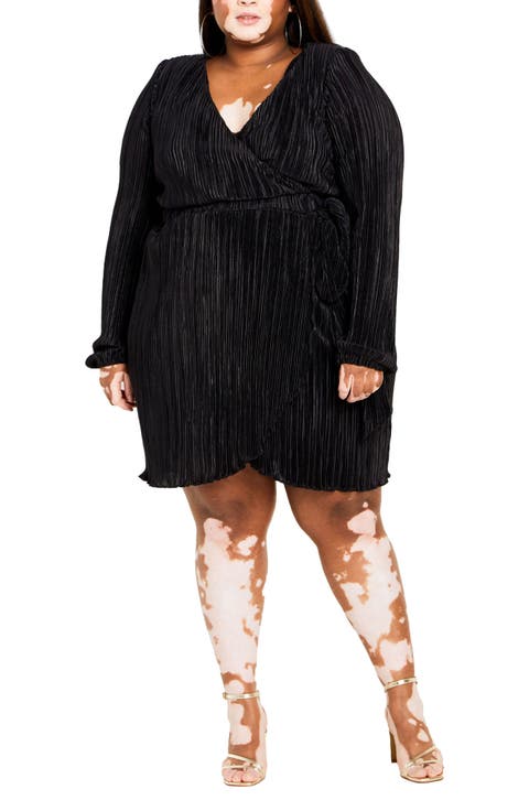 Macie Plissé Long Sleeve Faux Wrap Dress (Plus)