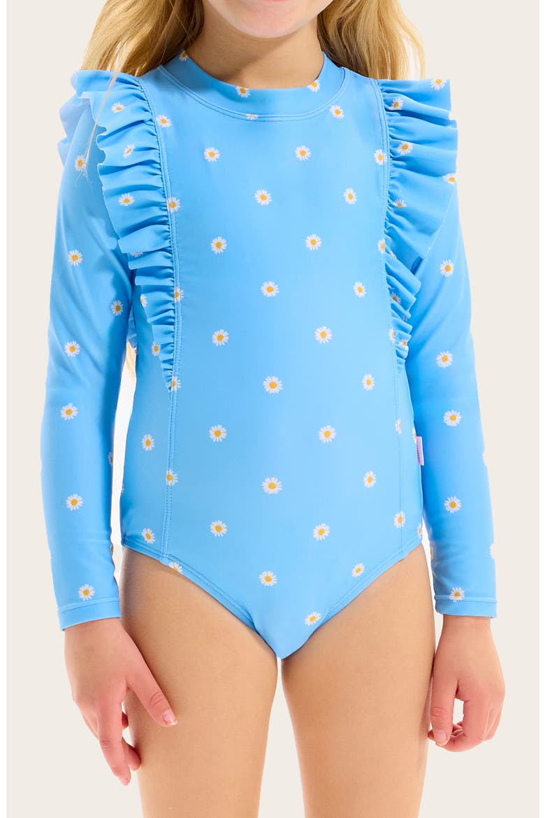 Kids' Daisy Chain One-Piece Rashguard Swimsuit, Alternate, color, DAISY CHAIN BLUE