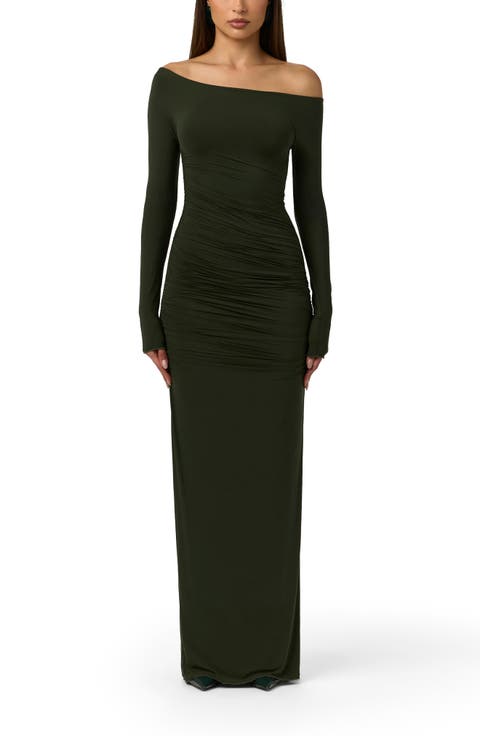 Ruched Off the Shoulder Long Sleeve Maxi Dress