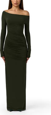 Naked Wardrobe Ruched Off the Shoulder Long Sleeve Maxi Dress