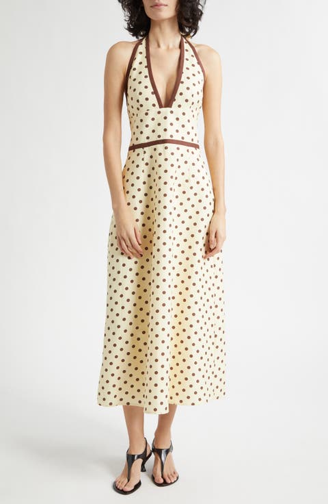 Bowie Polka Dot Plunge Halter Neck Midi Dress