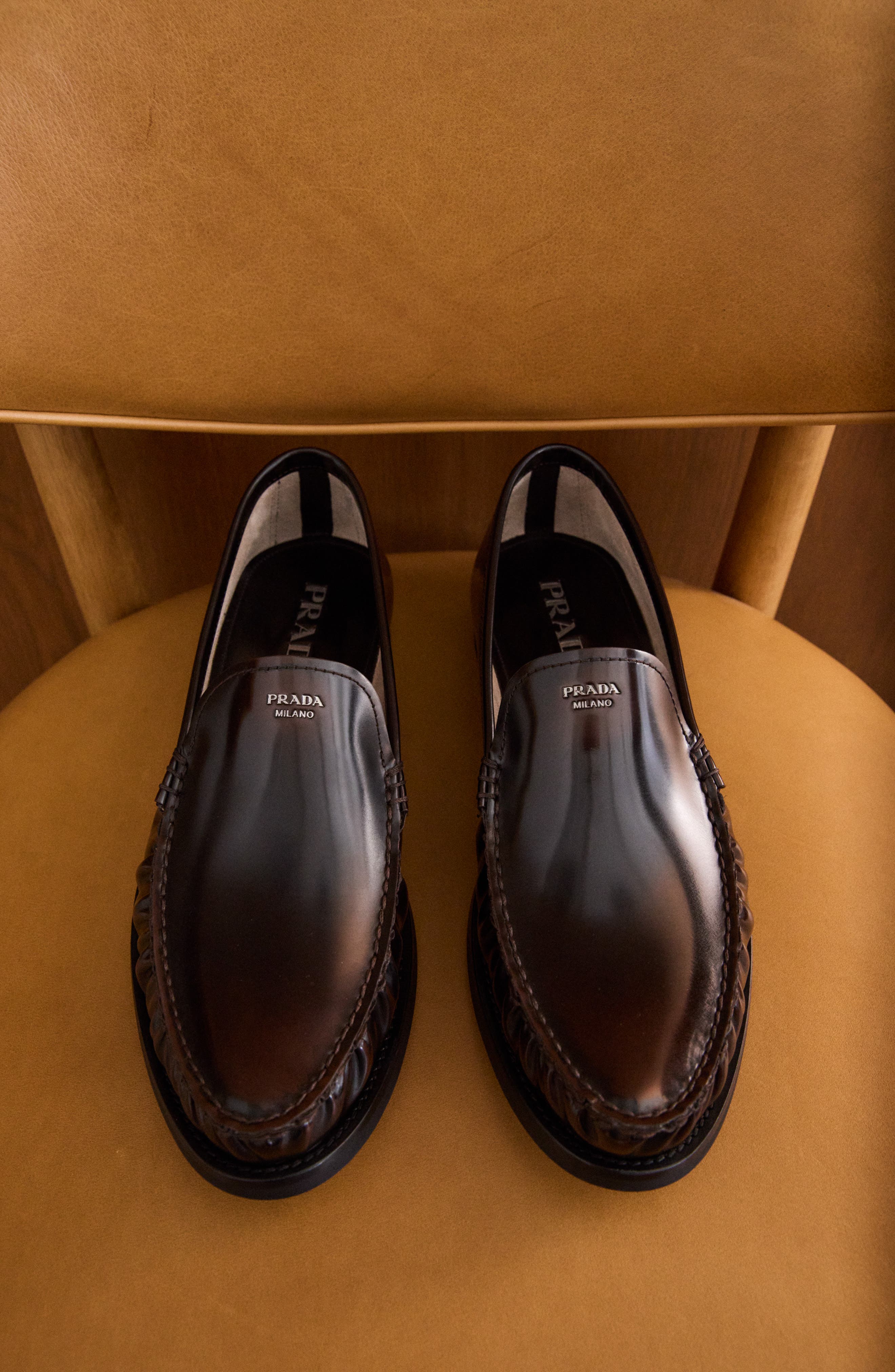 Prada Ruched Apron Toe Loafer, Alternate, color, Bruciato