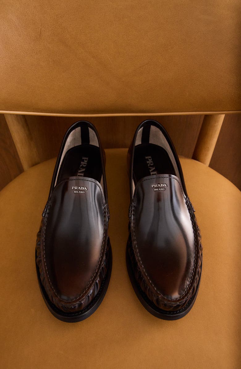 Prada Ruched Apron Toe Loafer, Alternate, color, Bruciato