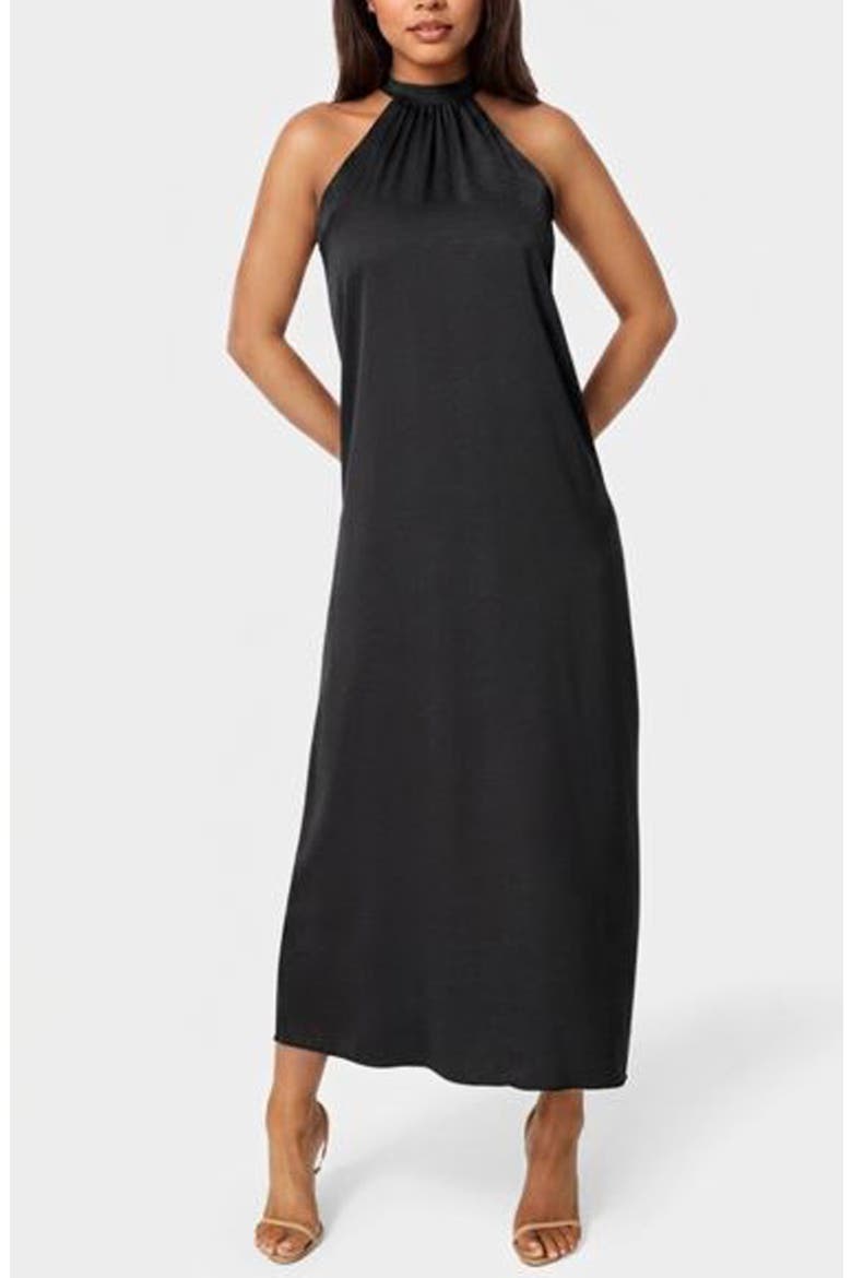 Crushed Satin Mock Neck Maxi Dress, Main, color, BLACK