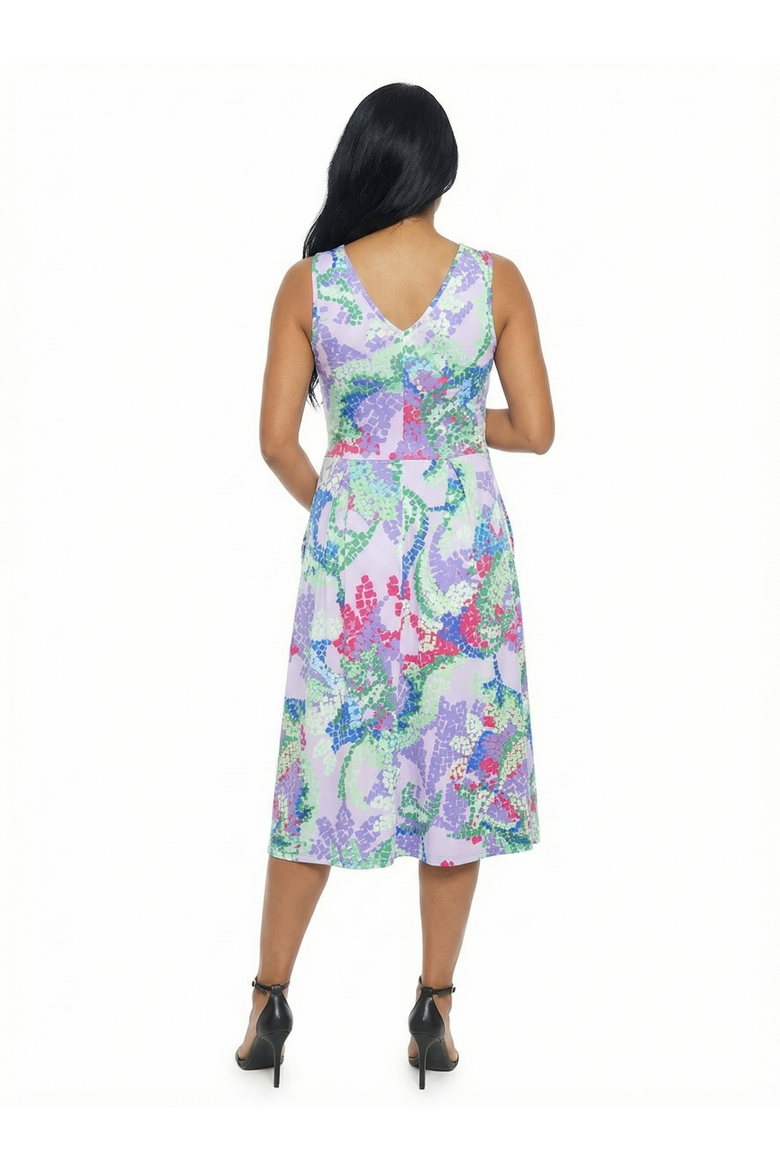Maternity Abstract V-Neck Sleeveless Pleated Pocket Midi Fit N Flare Dress, Alternate, color, Lilac Multi