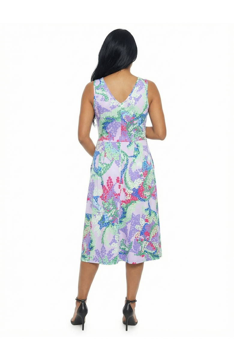 24seven Comfort Apparel Maternity Abstract V-Neck Sleeveless Pleated Pocket Midi Fit N Flare Dress, Alternate, color, Lilac Multi