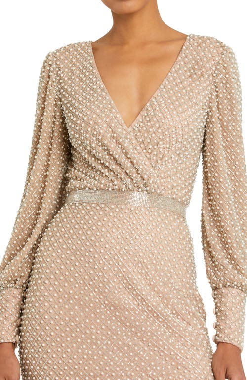 Mac Duggal Women's Pearl-embellished Long-sleeve Gown In Ivory Nude
