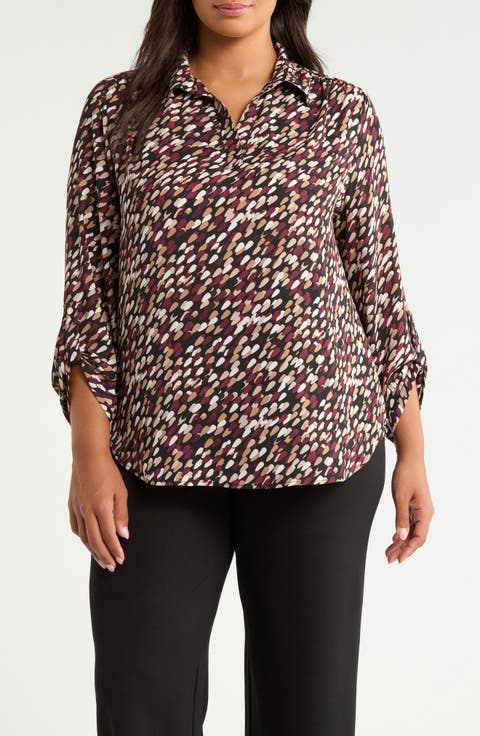 Print V-Neck Shirt with Roll-Tab Sleeves