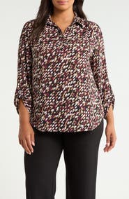 AK ANNE KLEIN Print V-Neck Shirt with Roll-Tab Sleeves