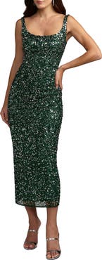 Mac Duggal Sleeveless Scoop Neck Sequin Ankle Dress