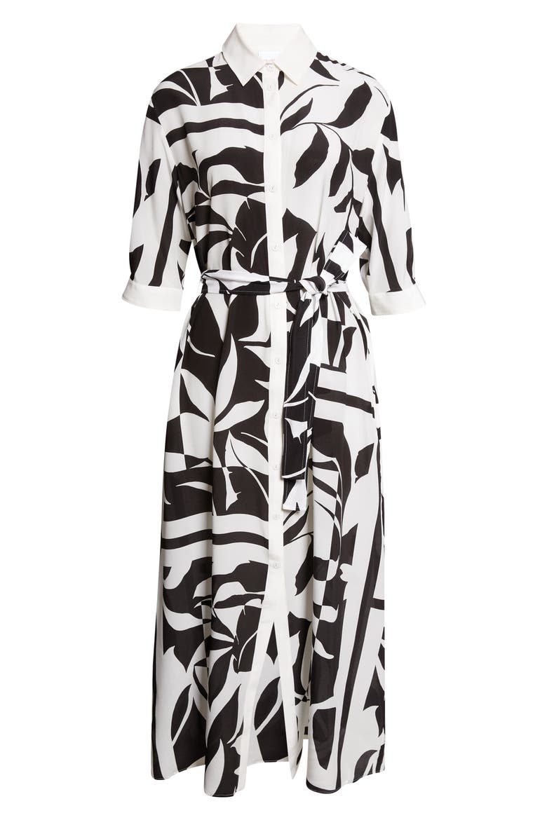 Changio Beachwear Floral Silk Midi Shirtdress, Alternate, color, BLACK