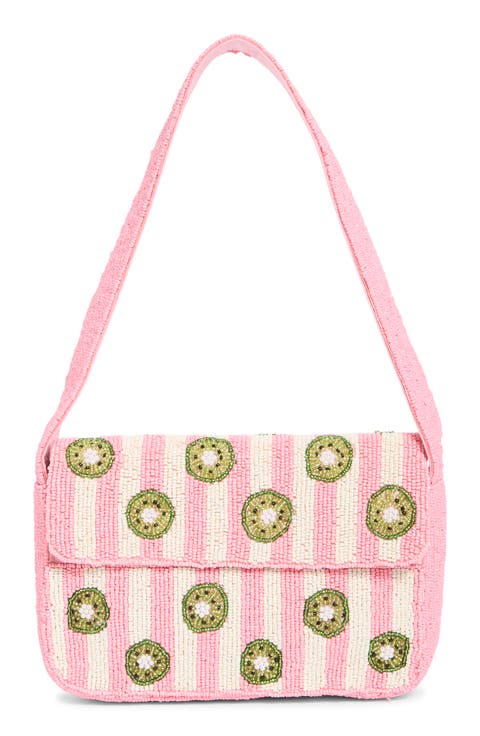Kiwi Stripe Beaded Baguette Shoulder Bag