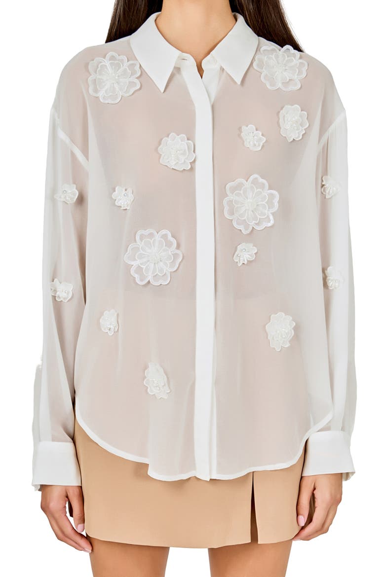 Floral Detail Sheer Shirt, Alternate, color, WHITE