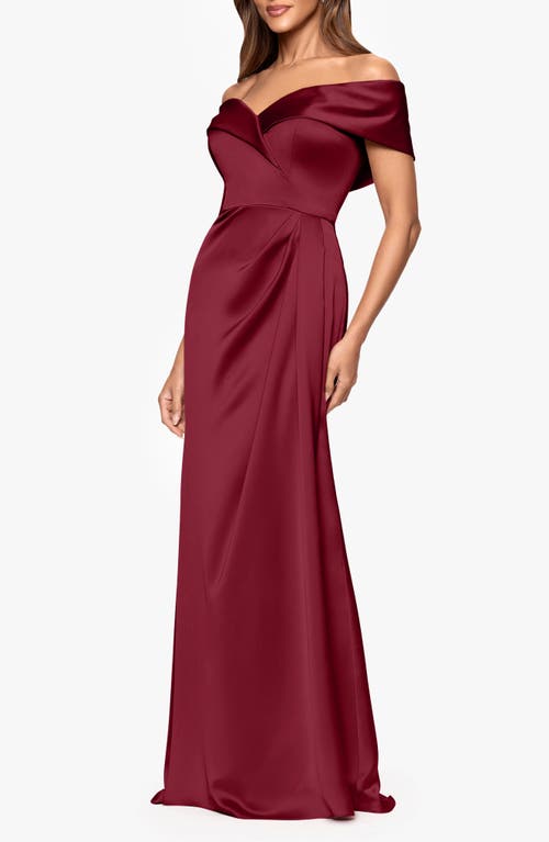 Xscape Evenings Off The Shoulder Satin Gown In Burgundy
