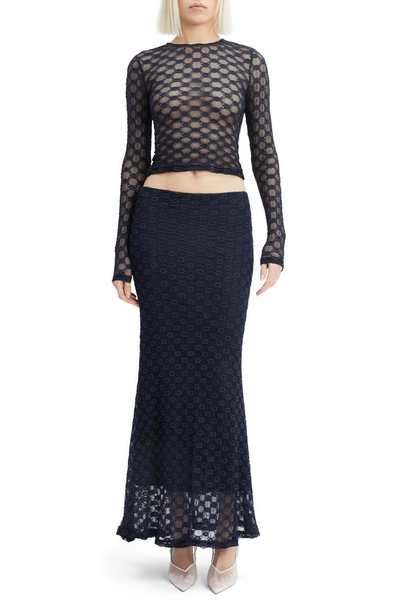 Bardot Adoni Embroidered Sheer Mesh Crop Top, Alternate, color, Navy