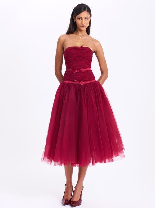 Miss Circle Women Mabel Burgundy Drop Waist Layered Mesh Midi Puffy Dress With Bow In Burgundy