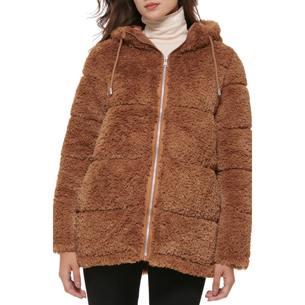 Kenneth Cole New York Monkey Faux Fur Hooded Puffer Jacket In Camel