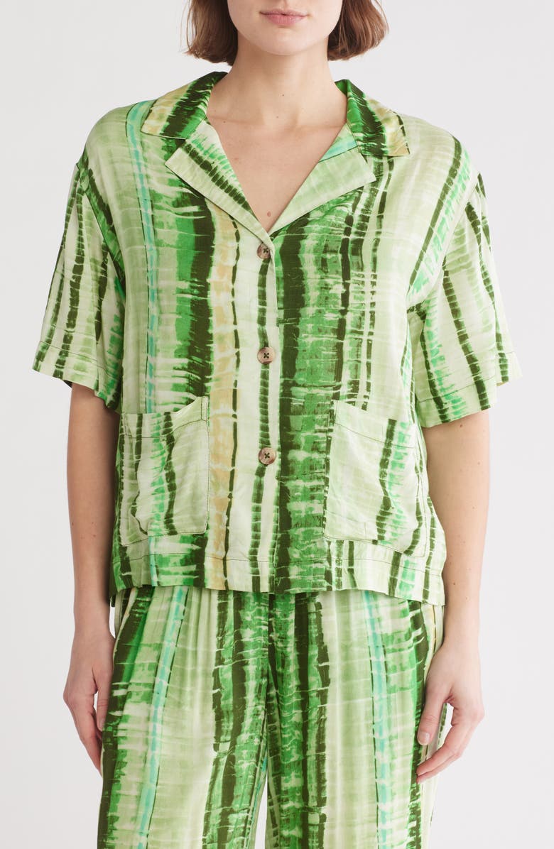 Elan Notched Collar Short Sleeve Button-Up Shirt, Main, color, Green Antigua Print
