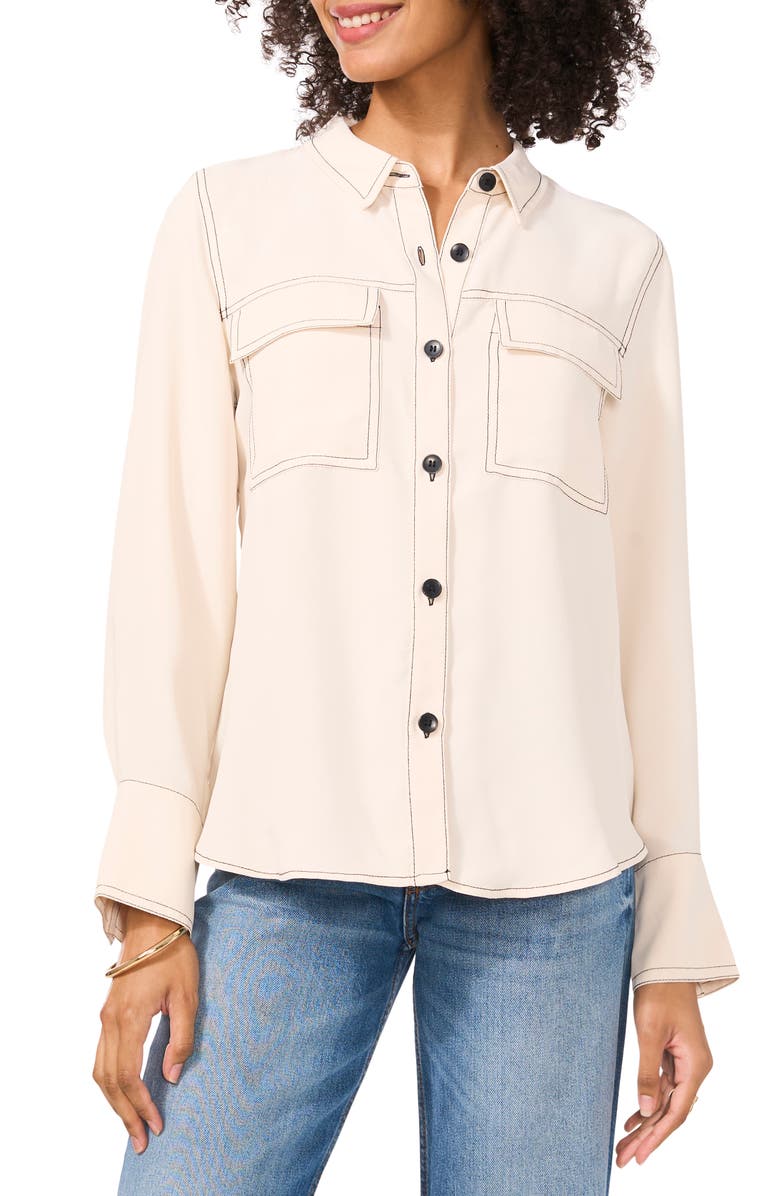 Vince Camuto Topstitch Utility Button-Up Shirt, Main, color, Soft Cream