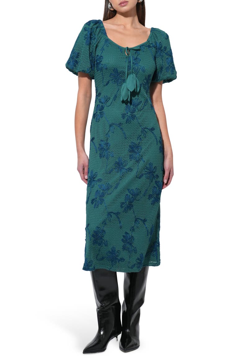 Anora Floral Embroidered Puff Sleeve Knit Midi Dress, Main, color, EMERALD GREEN