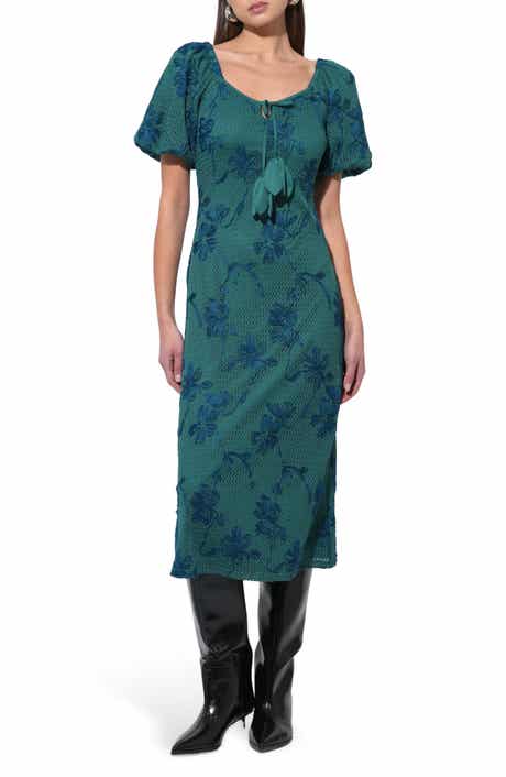 Adelyn Rae Anora Floral Embroidered Puff Sleeve Knit Midi Dress