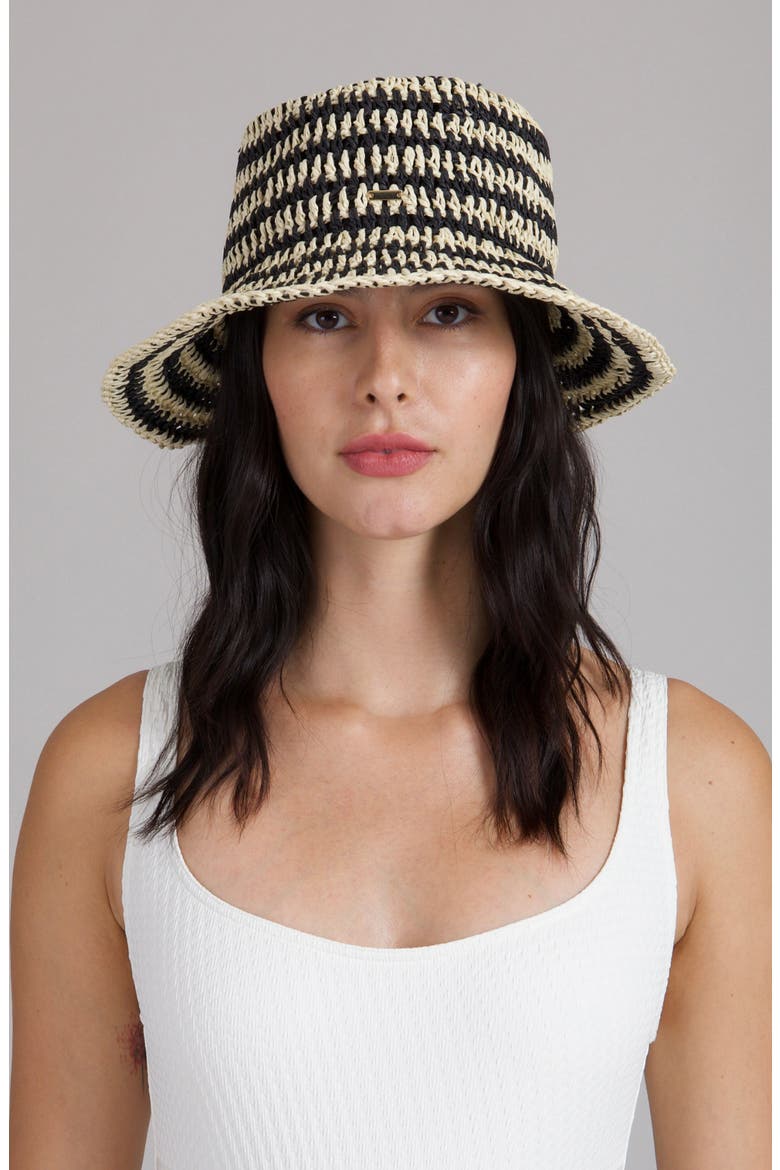Jonah Stripe Packable Straw Bucket Sun Hat, Alternate, color, NATURAL/ BLACK