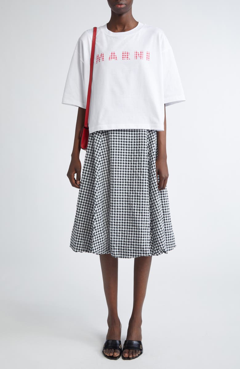 Marni Gingham Logo Boxy Crop Cotton Graphic T-Shirt, Alternate, color, 