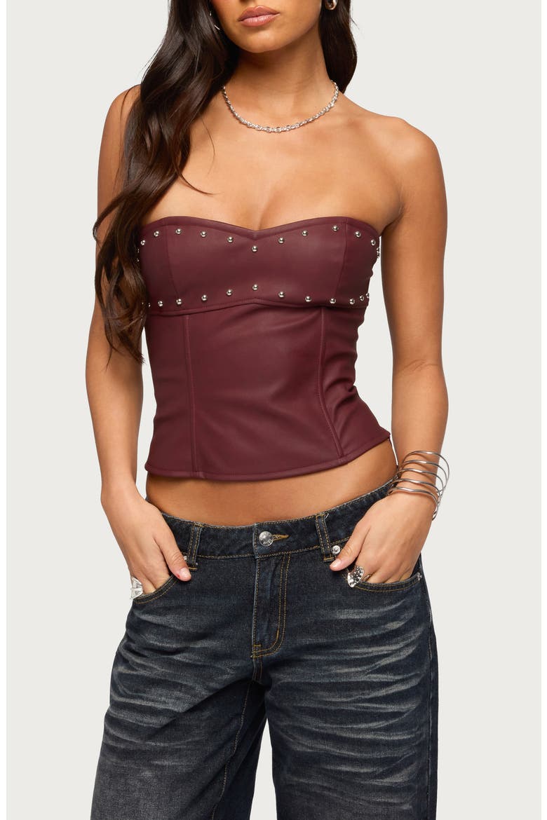 Izara Studded Strapless Faux Leather Top, Main, color, BURGUNDY
