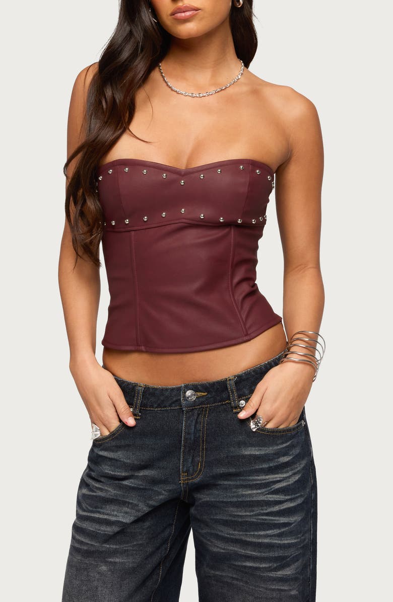 EDIKTED Izara Studded Strapless Faux Leather Top, Main, color, Burgundy