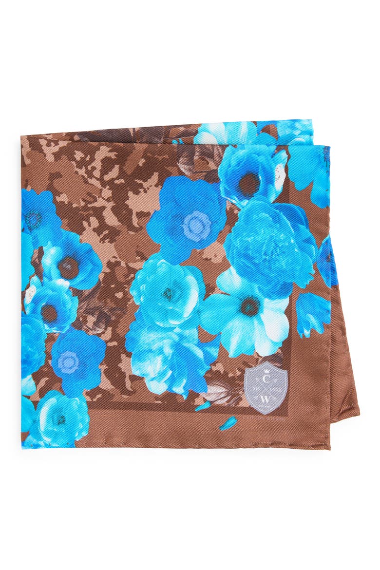 Blue & Brown Floral Silk Pocket Square, Main, color, BLUE