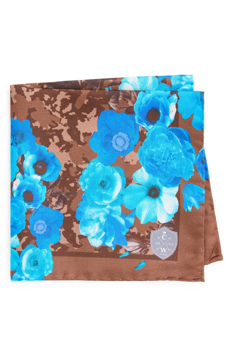 CLIFTON WILSON Blue & Brown Floral Silk Pocket Square, Main, color, 