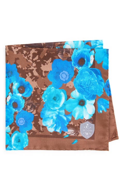 Blue & Brown Floral Silk Pocket Square