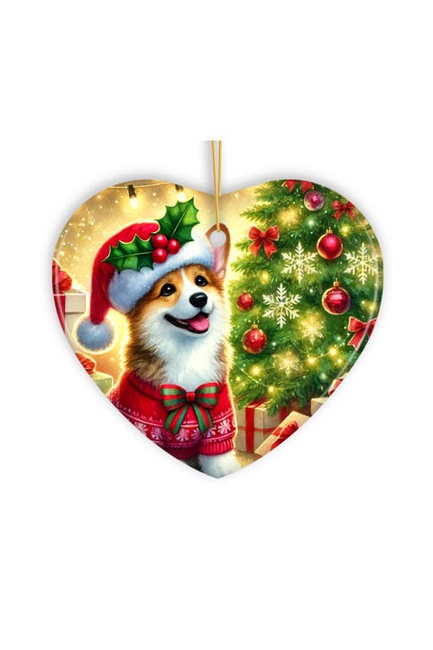 Corgi Puppy In Santa Hat Holiday Heart Ceramic Ornament