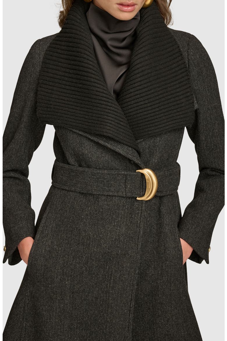 Rib Belted Wool Blend Wrap Coat with Bib, Alternate, color, BLACK