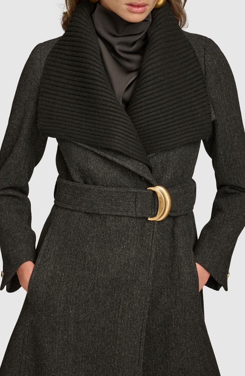 Donna Karan New York Rib Belted Wool Blend Wrap Coat with Bib, Alternate, color, Black