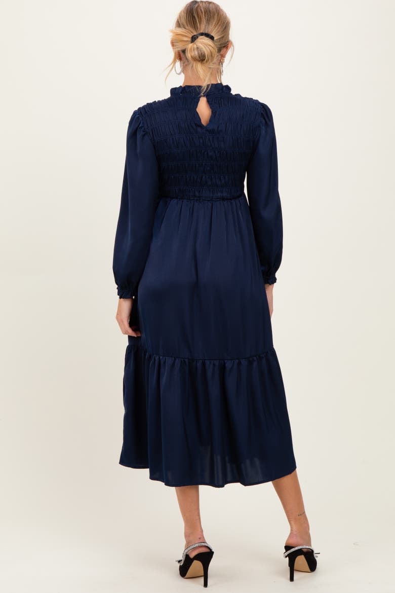 Mock Neck Satin Smocked Chest Dress, Alternate, color, Navy Blue