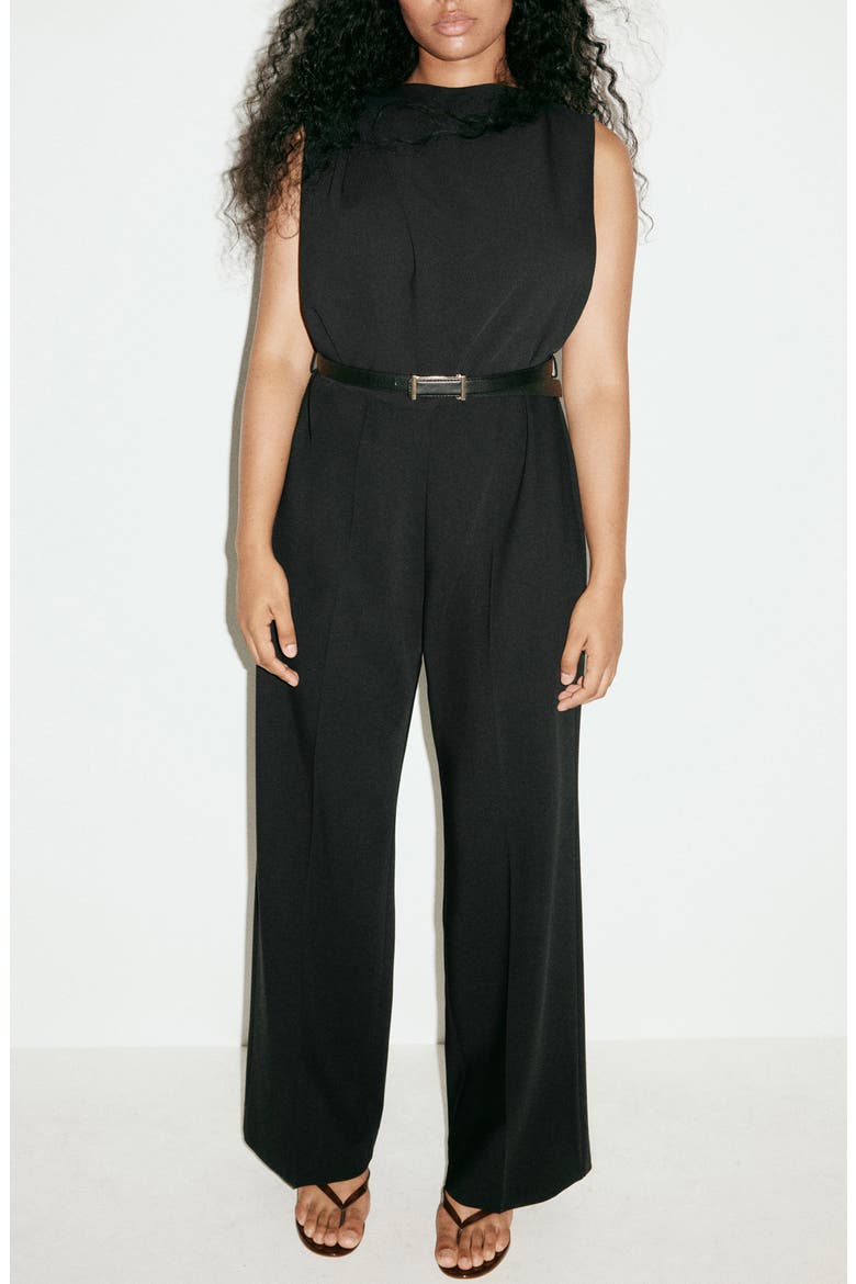 Sleeveless Belted Jumpsuit, Main, color, BLACK